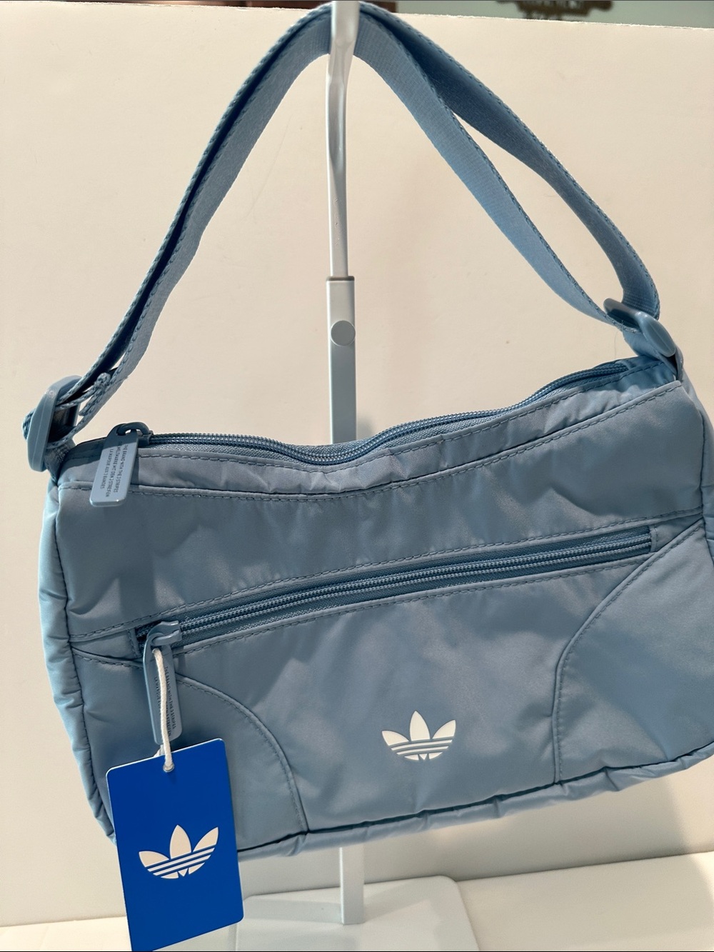 NWT ADIDAS Classic Ash Blue/White Shoulder bag with adjustable Strap.